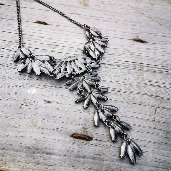 Smokey Gray and Light Amber Rhinestone Long Front Statement Necklace - Picture 9 of 15